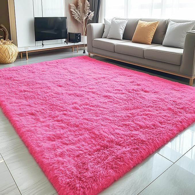 OLANLY 8x10 Machine Washable Large Area Rugs for Living Room, Bedroom, Soft Fluffy Shaggy Bedside Rug, Indoor Floor Carpet for Kids Girls and Boys, Dorms, Nursery, Home Decor Aesthetic, Hot Pink