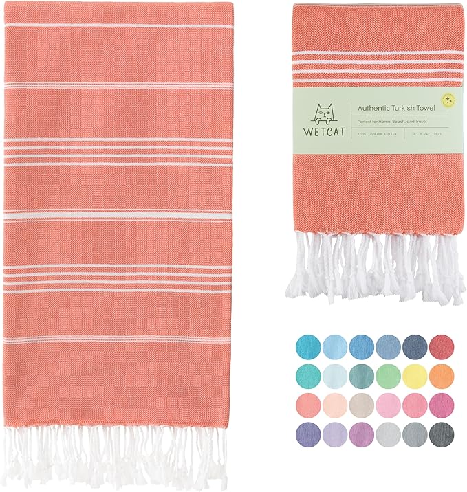 WETCAT Turkish Beach Towel Oversized (38"x71") 100% Turkish Cotton, Made in Turkey - Sand Free, Extra Large, Ultra Soft, Quick Drying, Compact & Lightweight for Travel - Dark Coral