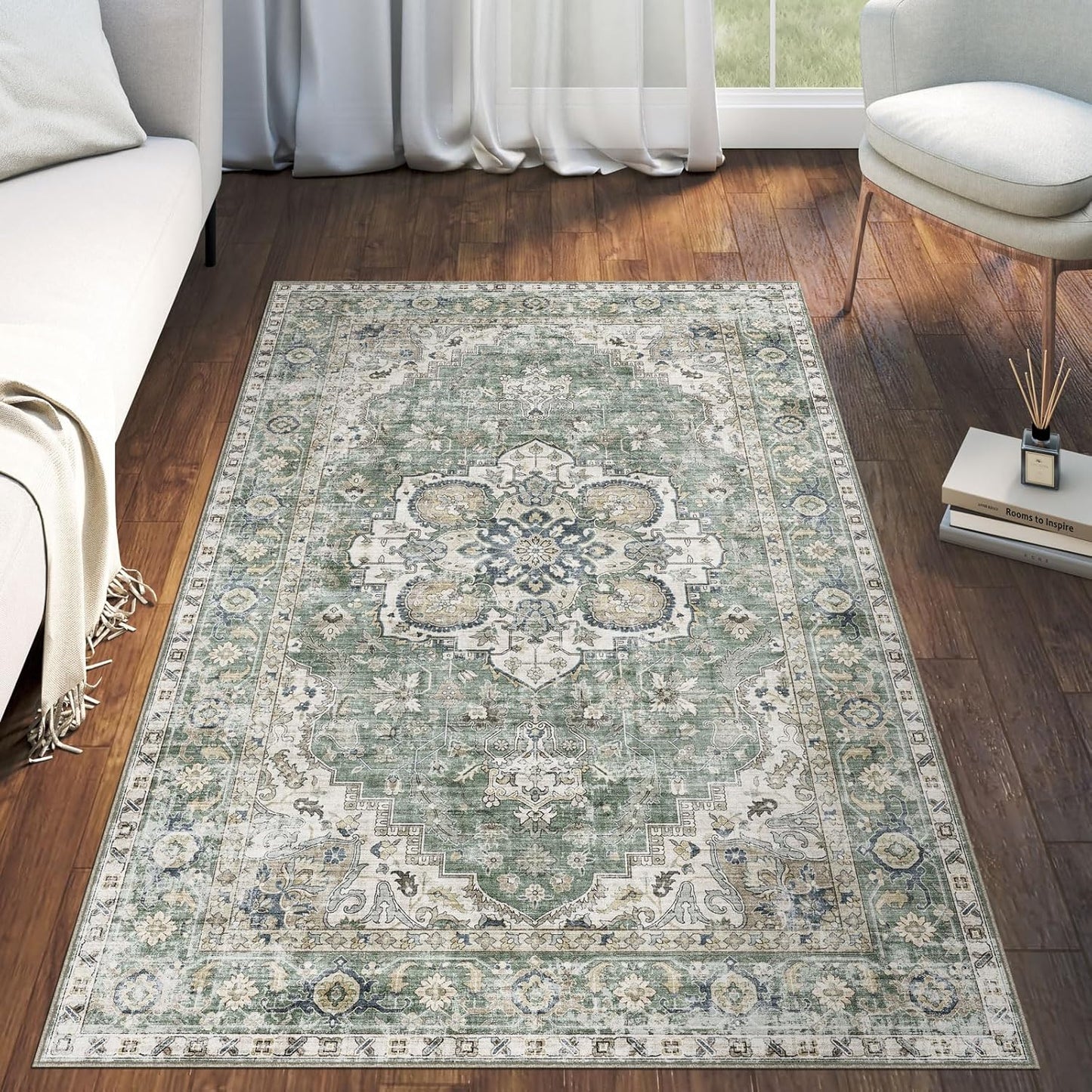 3x5 Washable Area Rug - Small Entryway Rug Non-Slip Sage Green Vintage Oriental Kitchen Rugs Low Pile Boho Carpet Throw Rugs for Living Room Bedroom Bathroom Entrance Dorm Office Home Decor