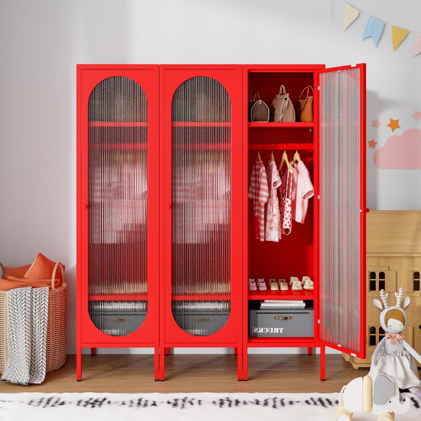 1 Door Metal Locker Cabinet for Kids Bedroom, School Classroom, Office, Home-Acrylic Translucent Door, Steel Corner Cabinet Sideboard Tall Storage Cabinet for Garage Utility Room (Red)