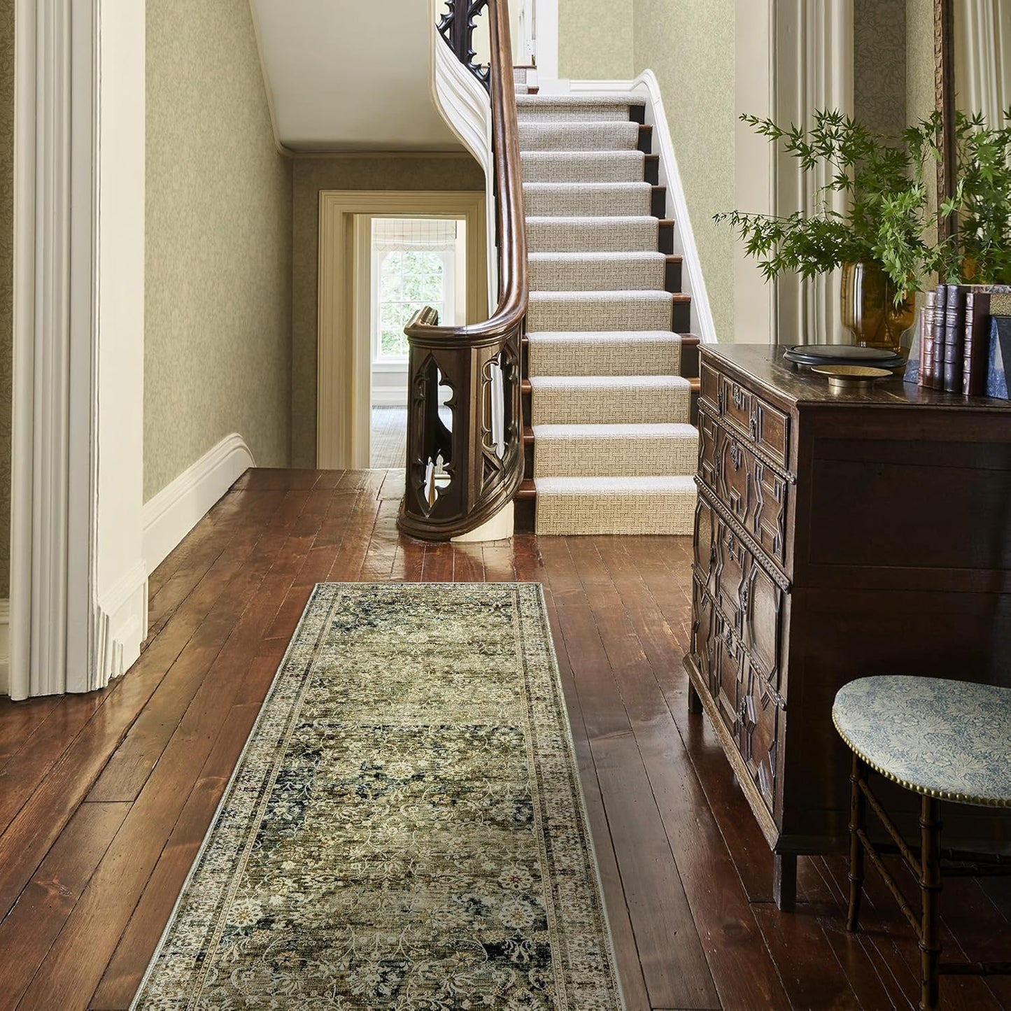 Boho Washable Runner Rug for Kitchen,Non Slip Rubber Backing Non Skid Oriental Floral Vintage Long Carpet Runners for Hallway Entryway Indoor Doormat Bedroom,2x6 6ft,Moss Olive Green Beige