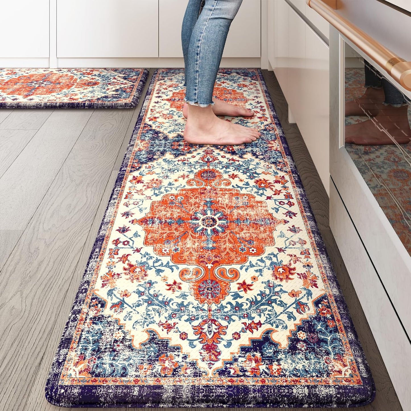 KIMODE Anti Fatigue Kitchen Mat, Boho Distressed Kitchen Rugs Sets of 2, Kitchen Floor Mats Non Slip Cushioned, Waterproof Standing Mat for Laundry, Office, Sink, Desk, Orange/Purple
