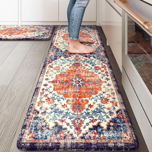 KIMODE Anti Fatigue Kitchen Mat, Boho Distressed Kitchen Rugs Sets of 2, Kitchen Floor Mats Non Slip Cushioned, Waterproof Standing Mat for Laundry, Office, Sink, Desk, Orange/Purple