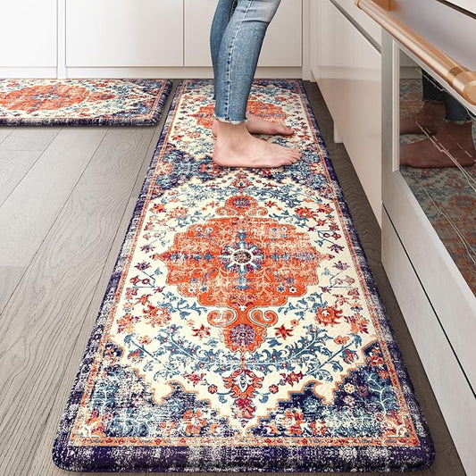 KIMODE Anti Fatigue Kitchen Mat, Boho Distressed Kitchen Rugs Sets of 2, Kitchen Floor Mats Non Slip Cushioned, Waterproof Standing Mat for Laundry, Office, Sink, Desk, Orange/Purple