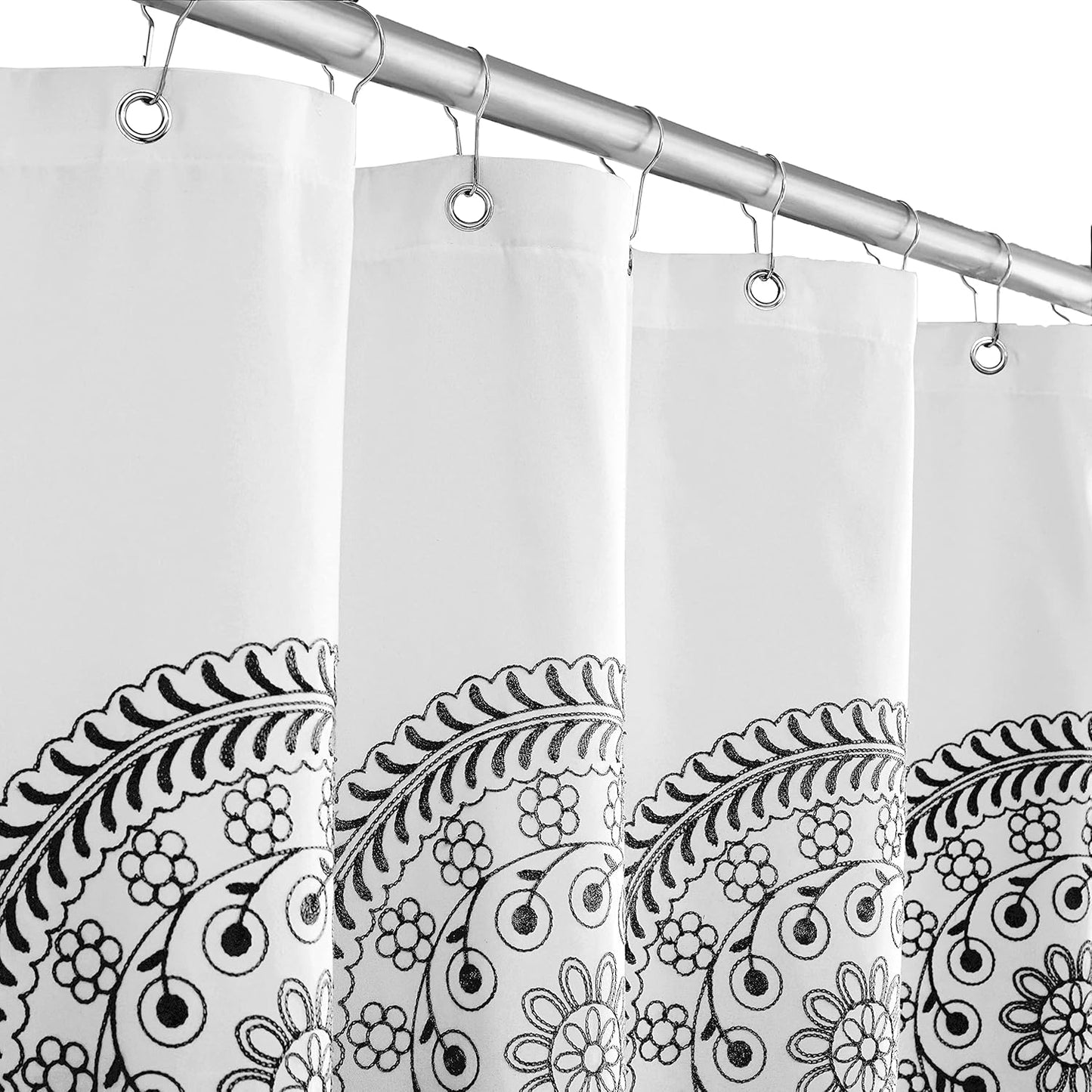 Jubilantex White Embroidered Shower Curtain for Bathroom, Black and White Boho Farmhouse Floral Decorative Waterproof Rustic Style Water Resistant Bath Room Curtain Fabric for Spa Hotel, 70x72 Inches