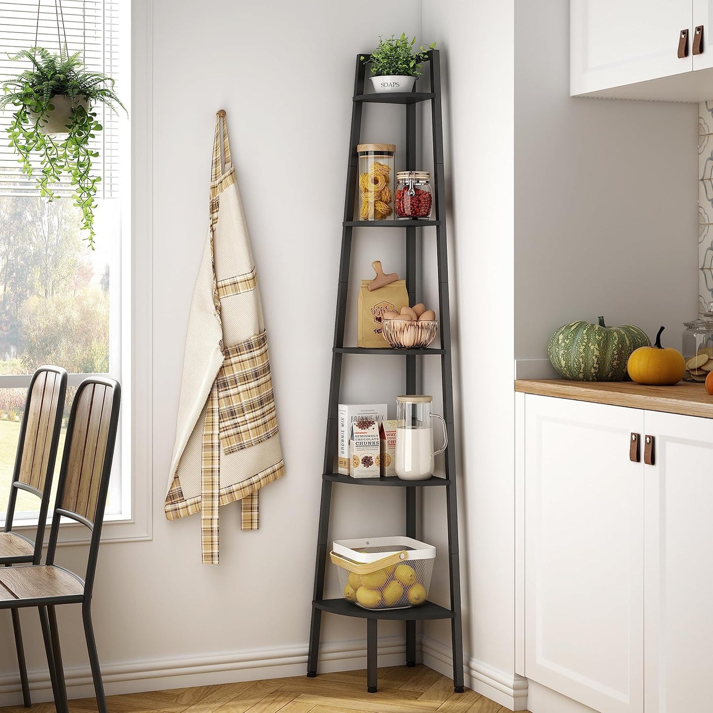 Hoctieon Corner Shelf, 5-Tier Corner Bookshelf, Rustic Ladder Shelf, Industrial Display Stand for Living Room, Kitchen, Home Office, Balcony, Small Space, Metal Frame, Black