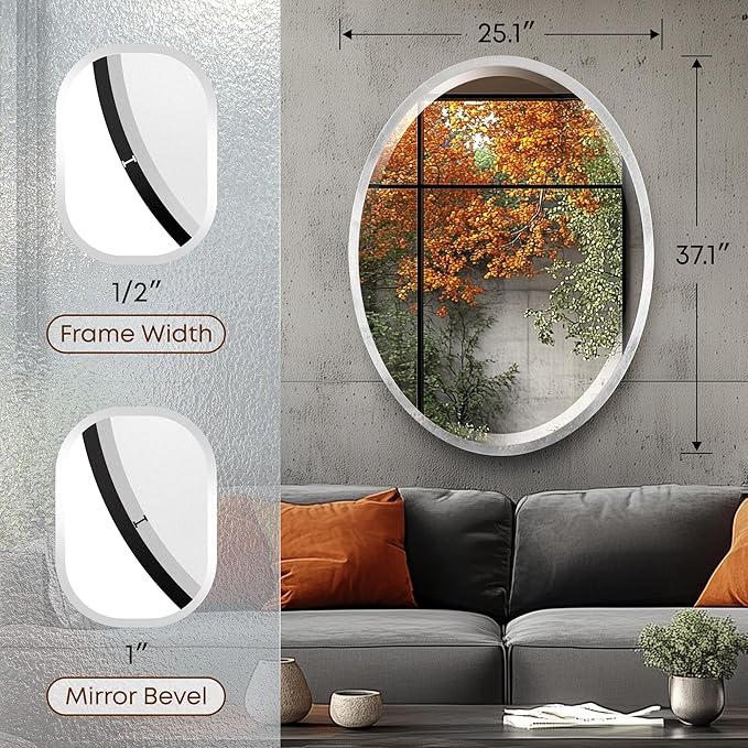 OVALCREST - Oval Wooden Beveled Wall Mirror for Home Decor, Bathroom, Vanity, Bedroom, Living Room, Hallway - London Style (Silver Leaf with Brown Antique) 25.1 x 37.1