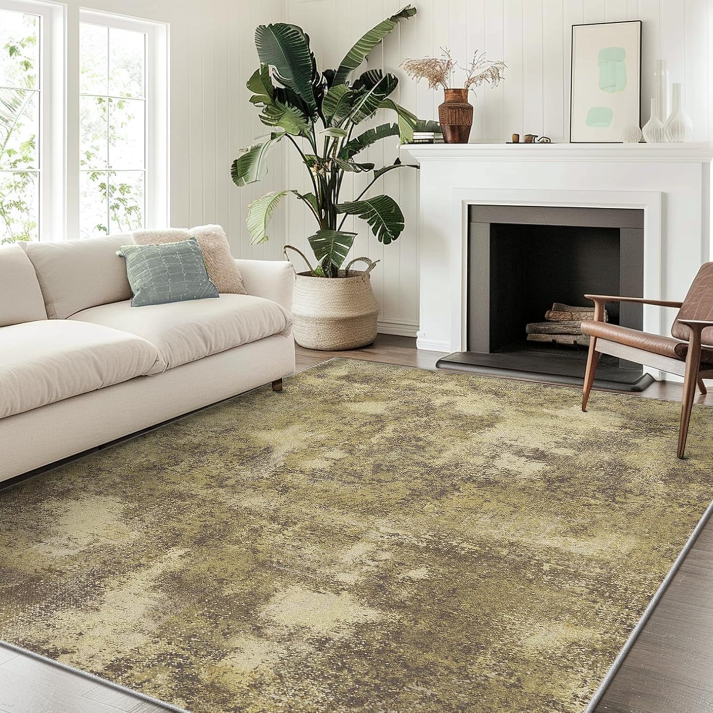 Area Rugs 8x10 for Living Room Bedroom, Modern Abstract Machine Washable Rug, Large Soft Low Pile Floor Carpet with Non Slip Backing for Dining Room, Amber Brown