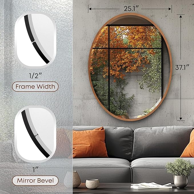 OVALCREST - Oval Wooden Beveled Wall Mirror for Home Decor, Bathroom, Vanity, Bedroom, Living Room, Hallway - London Style (Sunset Gold) 25.1 x 31.1