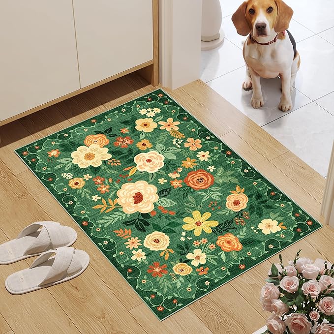 DUKINO 2x3 Rugs for Entryway, Floral Indoor Washable Door Mat, Non Slip Boho Small Rug for Kitchen, Soft Low Pile Front Door Throw Rug for Entrance, Bedroom, Kitchen, Laundry, Bathroom, Dark Green