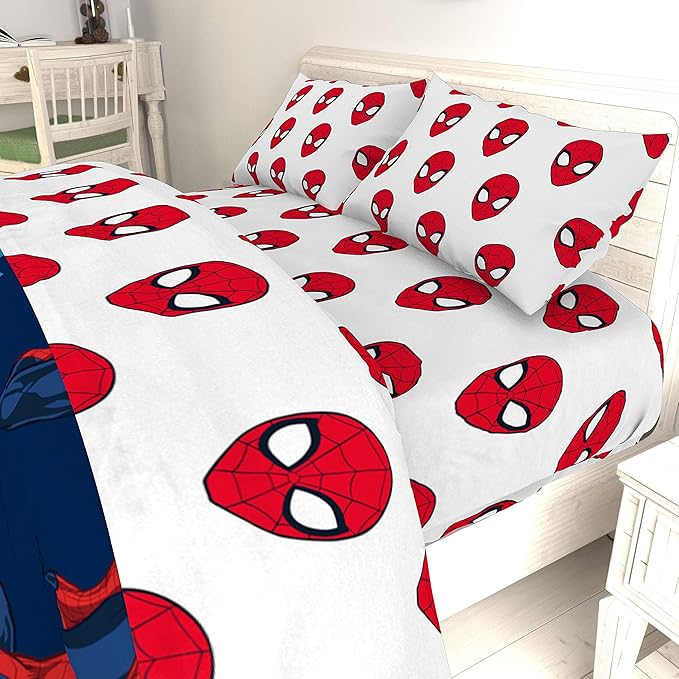 Jay Franco Kids Sheet Set with Fitted, Flat Sheets & Pillow Cover - Ultra-Soft Bedding with Pillowcase for Room Decor, Red - Spiderman, 4 Piece Queen