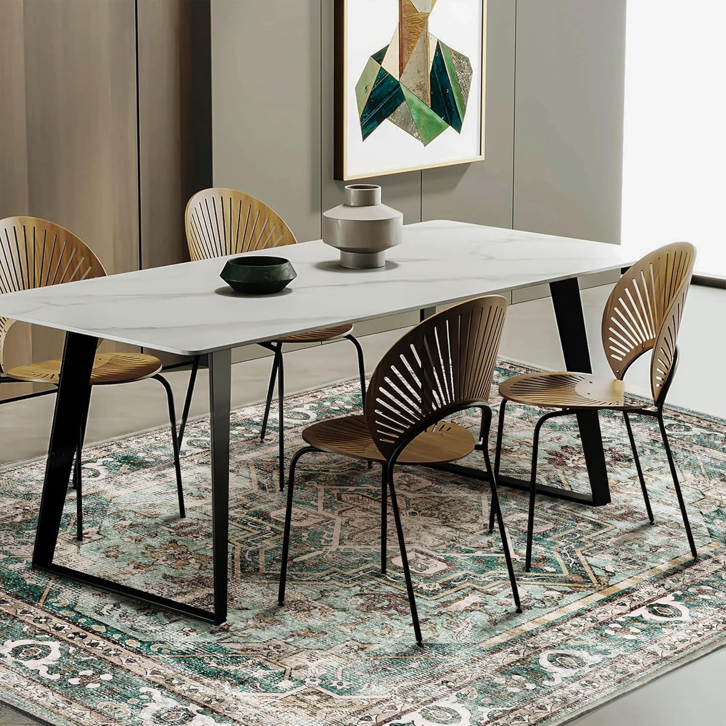 Green Area Rug 10'x14' Washable Vintage Traditional Mat Distressed Indoor Foldable Thin Retro Accent Floral Print Rug Non Slip Carpet for Living Room Dining Room Office