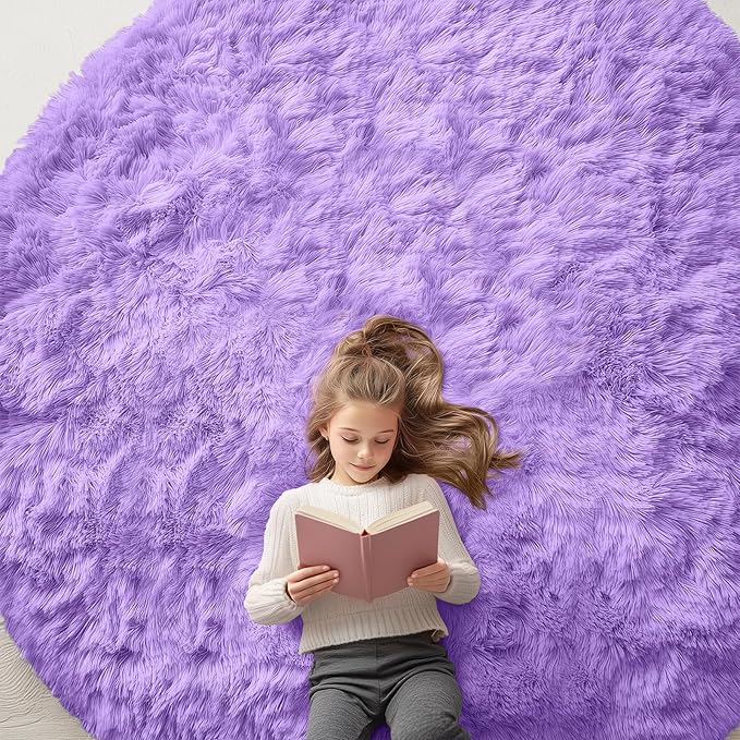 OLANLY Purple Round Rugs for Bedroom - Machine Washable, 8 ft Circle Area Rugs for Living Room, Soft and Fluffy Shaggy Carpet for Teen Girls and Boys, Nursery Rooms, Dorms, Home Decor Aesthetic