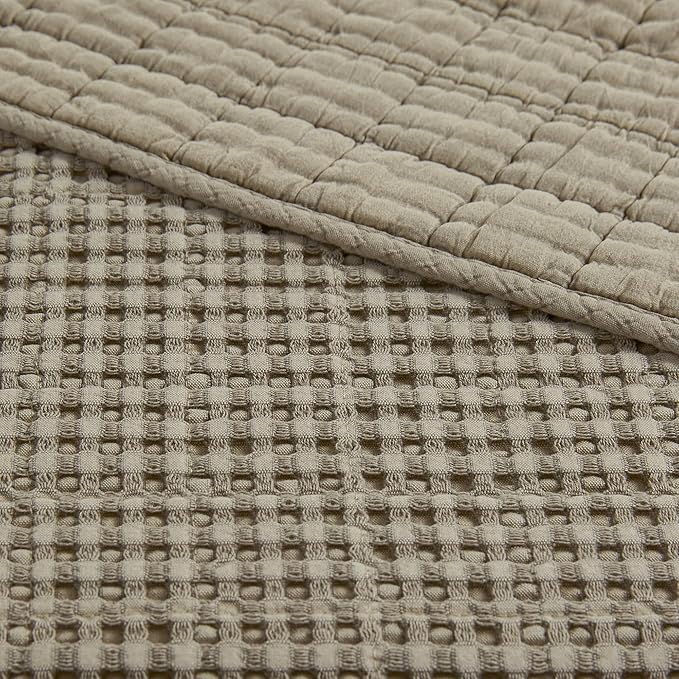 Levtex Home Mills Waffle Twin Bedspread Set (84x104in) with 1 Pillow Sham (26x20in) - Taupe - Cotton Waffle Twin Size Bedspread Set - Lightweight, Soft, Pre-Washed