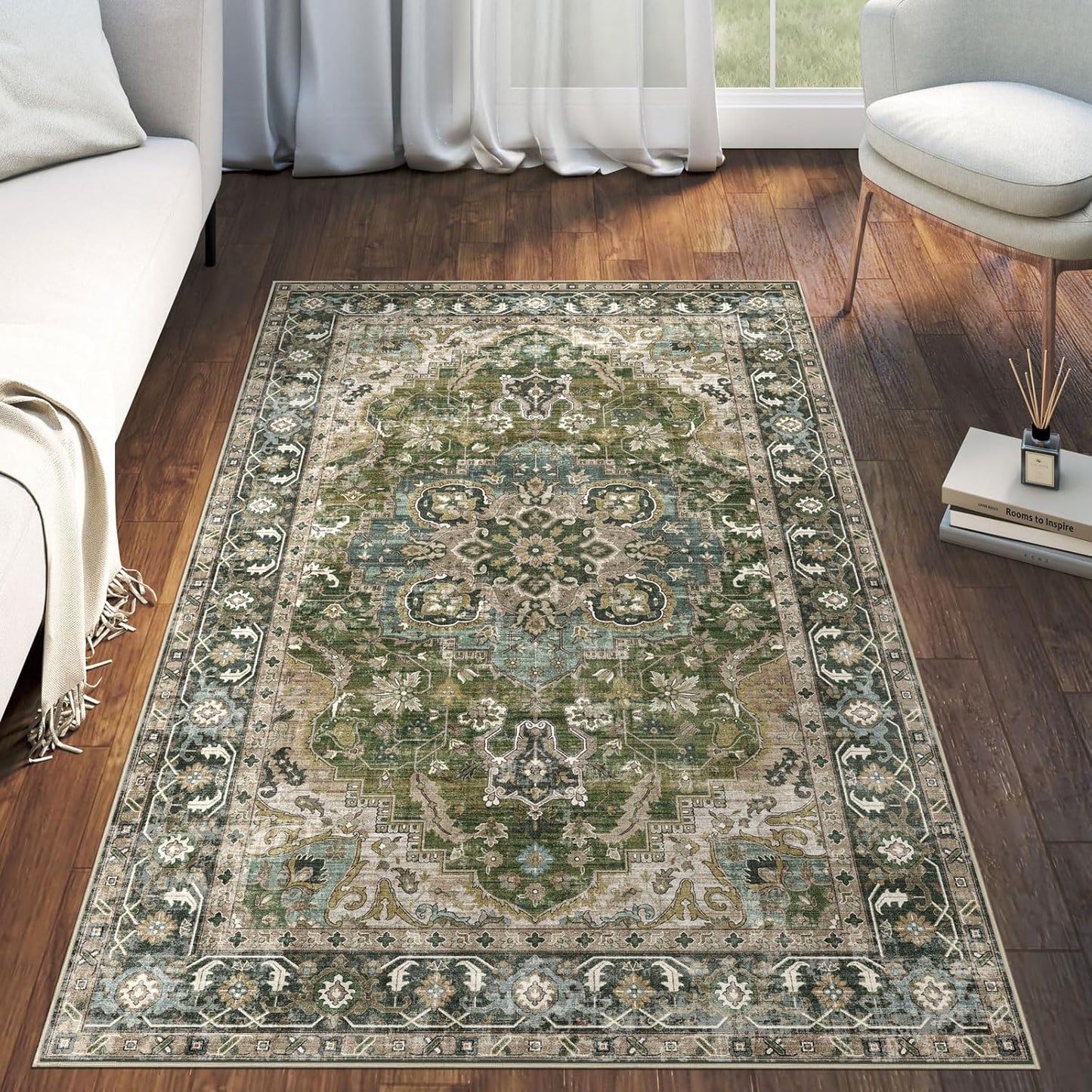 3x5 Washable Area Rug - Small Entryway Rug Non-Slip Moss Green Vintage Oriental Kitchen Rugs Low Pile Boho Carpet Throw Rugs for Living Room Bedroom Bathroom Entrance Dorm Office Home Decor