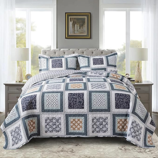 NEWLAKE Quilt Bedspread Sets - Bohemian Farmhouse Pattern Reversible Coverlet Set, Queen Size