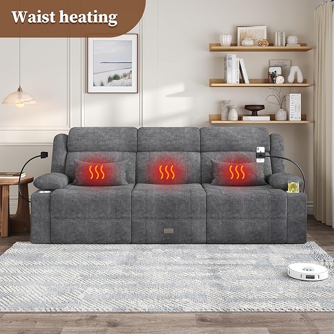 Home Theater Seating，RV Reclining Sofa Set with Adjustable Headrest， Recliner Sofa with Heat and USB&Type-C, Dawer & Cup Holders, 150° Recline for RV & Living Room(3-Seater Grey)