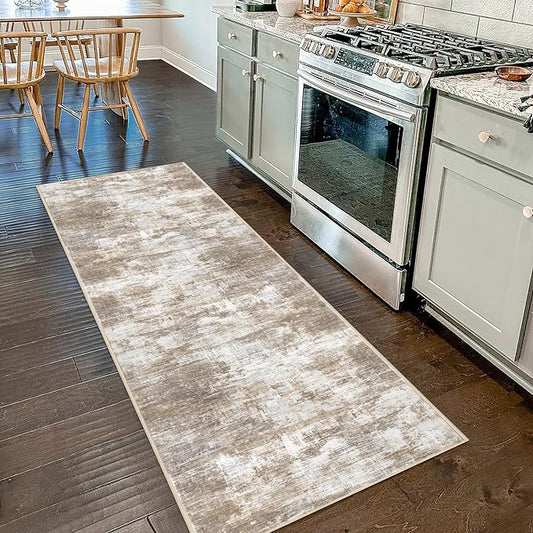IOHOUZE Abstract Runner Rug 2x7 Ft Washable Runners for Hallways, Non Slip Kitchen Runner Printed Faux Wool Entryway Runners Indoor, Modern Abstract Floor Carpet for Hall Kitchen Bedroom, Beige Brown