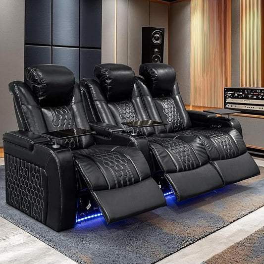 Home Theater Seating, Living Room, Powered Headrest, Powered Lumbar, Italian Leather, Powered Recline, Single Recliner (Black, Row of 3 Loveseat Right)