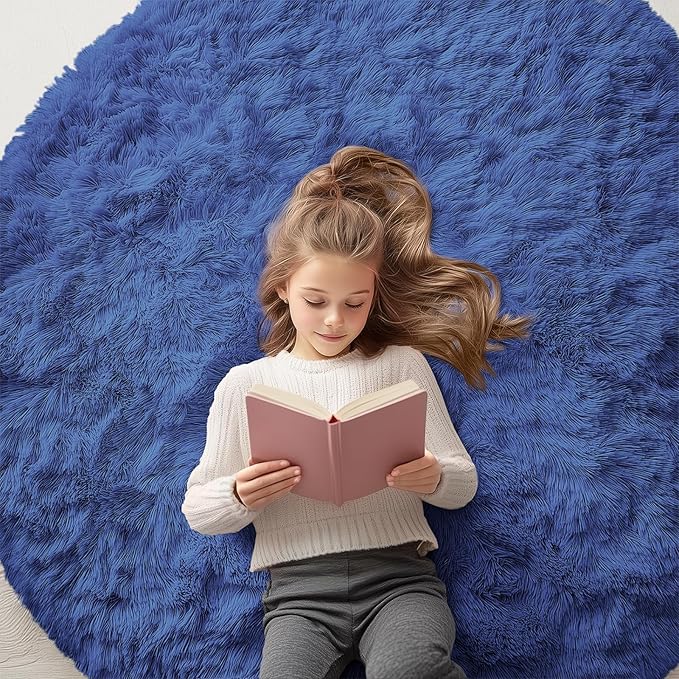 OLANLY Navy Blue Round Rugs for Bedroom - Machine Washable, 5 ft Circle Area Rugs for Living Room, Soft and Fluffy Shaggy Carpet for Teen Girls and Boys, Nursery Rooms, Dorms, Home Decor Aesthetic