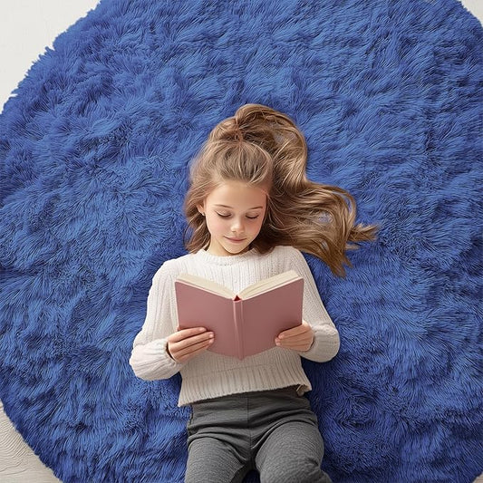 OLANLY Navy Blue Round Rugs for Bedroom - Machine Washable, 5 ft Circle Area Rugs for Living Room, Soft and Fluffy Shaggy Carpet for Teen Girls and Boys, Nursery Rooms, Dorms, Home Decor Aesthetic