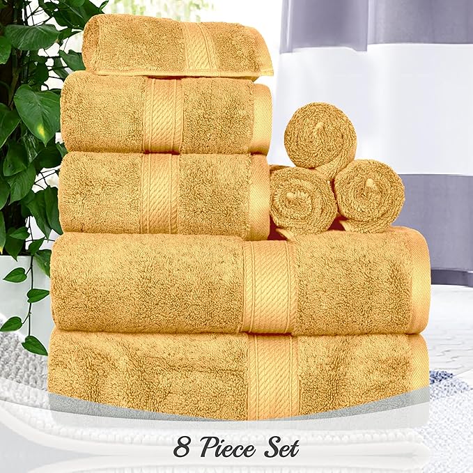 Superior Egyptian Cotton Pile Bath Towels, Ultra Soft Luxury Towel, Thick Plush Essentials, Absorbent Heavyweight, Guest Bath, Hotel, Resort, Spa, Pool, Home Bathroom, Shower Basics, Set of 4, Gold