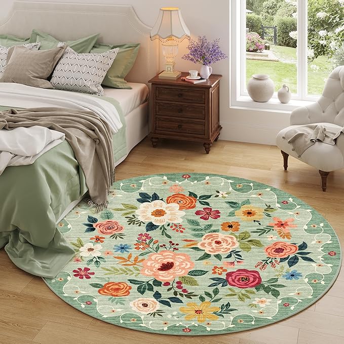 DUKINO Floral Round Rug, 4ft Washable Round Area Rug, Non Slip Indoor Low Pile Circle Rug, Soft Small Boho Design Circle Rug for Bedroom, Entryway, Living Room, Dining Room, Green
