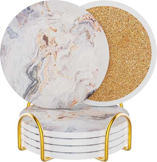 Coasters for Drinks Set of 4, Absorbent Abstract Sand Marble with Metal Golden Holder, Ceramic Coaster Set Cup Mat for Home Decor, Bar, Kitchen, Party