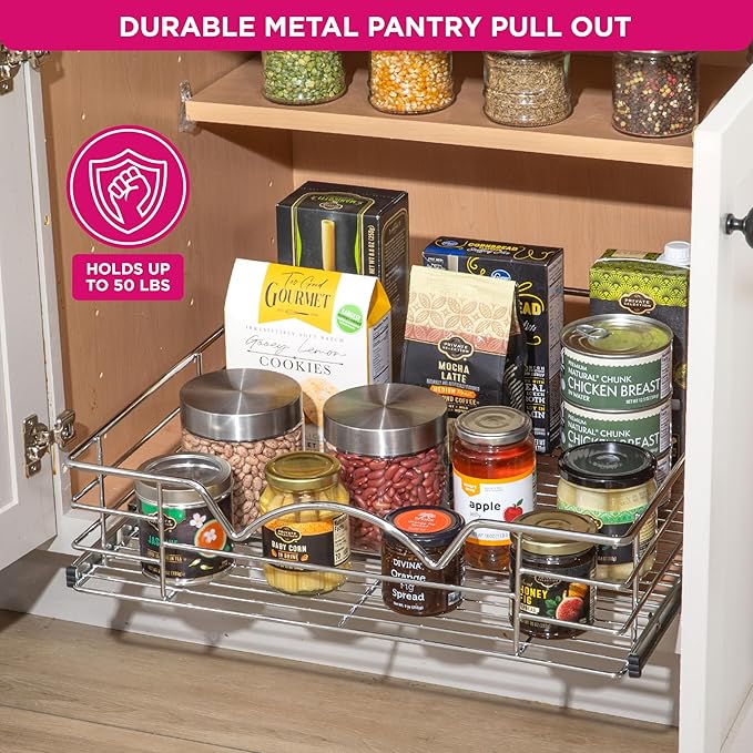 HOLDN’ STORAGE Pull Out Cabinet Organizer, Individual Sliding Drawers - Heavy Duty Metal with Lifetime Limited Warranty - Anti Rust Chrome Finish (Single Tier, 17" W)