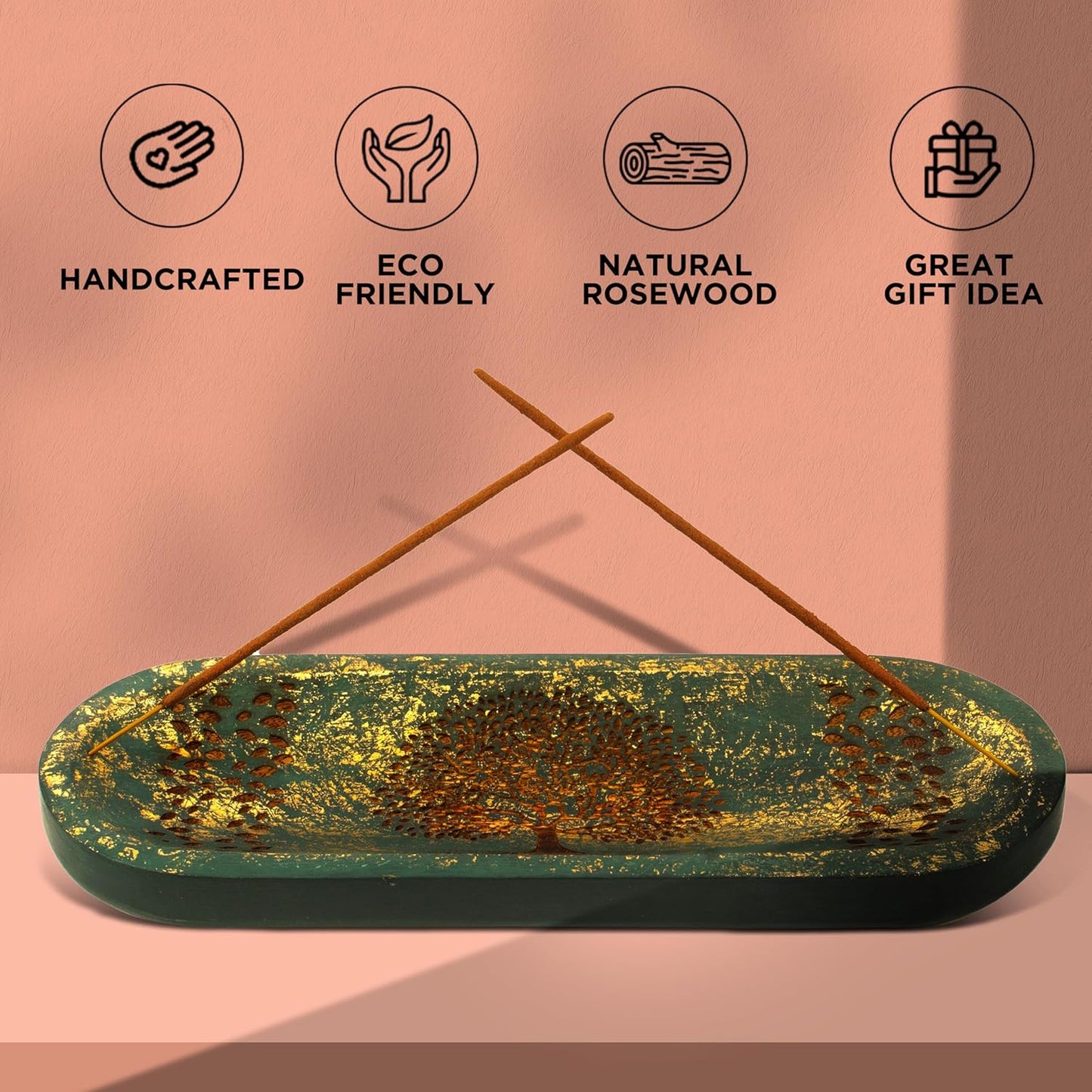 Incense Holder for Sticks Hand Carved - Tree of Life - Incense Burner/Ash Catcher- Handmade Wooden Insence Tray – Modern Gift Home/Room/Kitchen Décor 11x4x1.5 Inch
