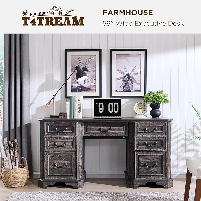 T4TREAM 59" Farmhouse Executive Desk with Drawers,Wood Home Office Computer Desk, Featuring Keyboard Tray,Charging Station,File Drawer, Storage Cabinet,for Work and Study (Dark Rustic Oak)