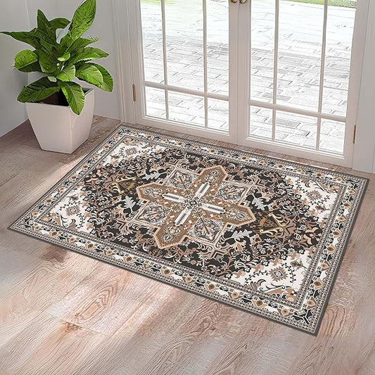 Washable Entryway Rug 2x3 | Non Slip Rug Runners for Hallways, Entryways, Kitchens, Bathrooms, Bedrooms | Ultra-Soft Flannel Carpet Kitchen Rug with Rubber Backing (Black Brown Cream, 2x3)