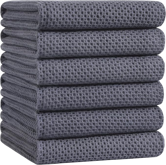 Homaxy 100% Cotton Oversized Waffle Weave Kitchen Dish Towels, Ultra Soft Absorbent Quick Drying Cleaning Towel, 20 x 28 Inches, 6-Pack, Dark Grey
