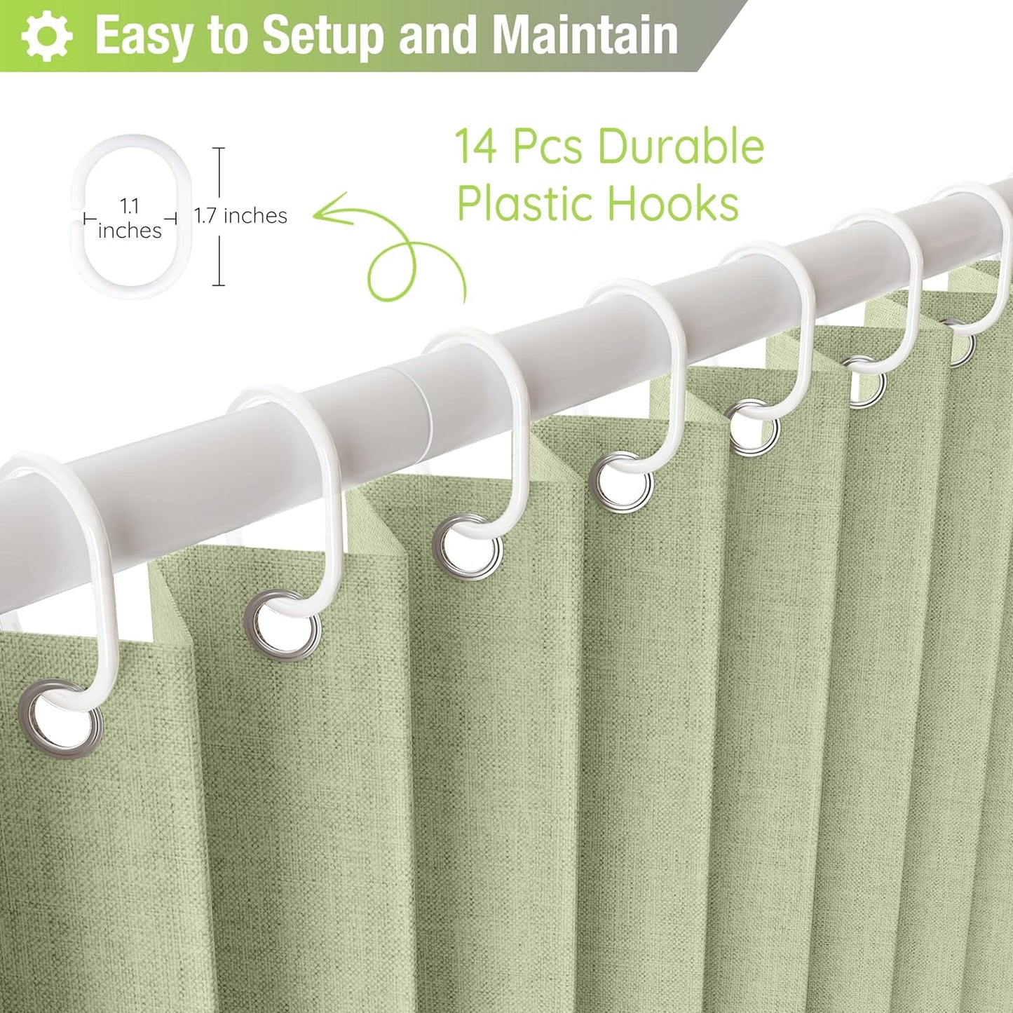 Jubilantex Folding Linen Shower Curtain for Bathroom Sage Waterproof Shower Curtain 1 Panel with 14 Metal Grommets and 1 Tie Back for Hotel,70"x70"