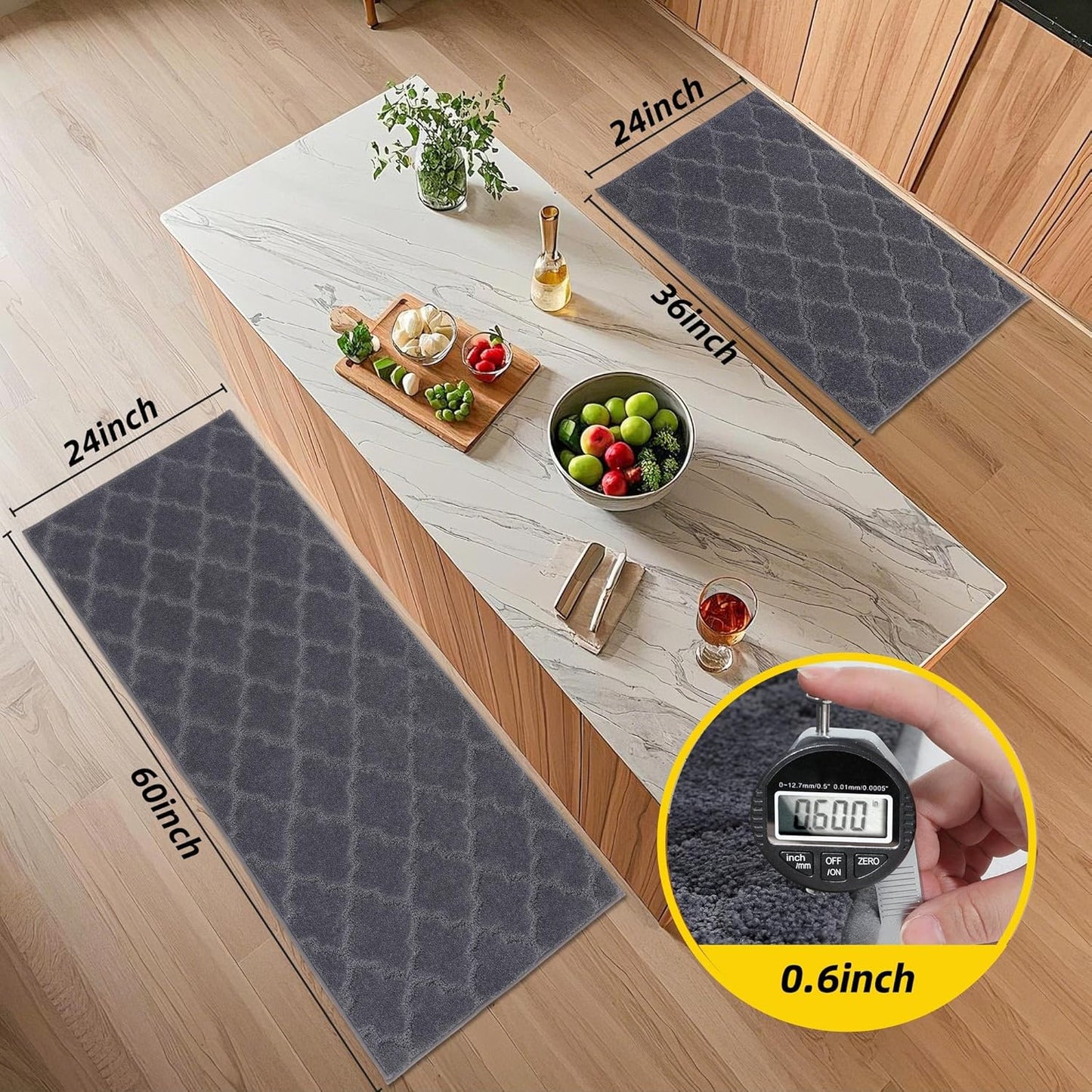 JSEI Kitchen Rugs, Non-Slip Kitchen Mats for Floor, Soft Washable Absorbent Kitchen Mats 2 Pieces, Kitchen Carpet Runner with TPR Backing, Polyester, 24”x36”+24”x60”, Dark Grey