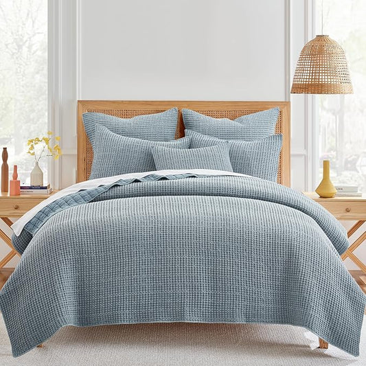 Levtex Home Mills Waffle Twin XL/Twin Quilt Set (68x86in) with 1 Pillow Sham (26x20in) - Chambray - Cotton Waffle Twin Size Quilt Bedding Set - Lightweight, Soft, Pre-Washed