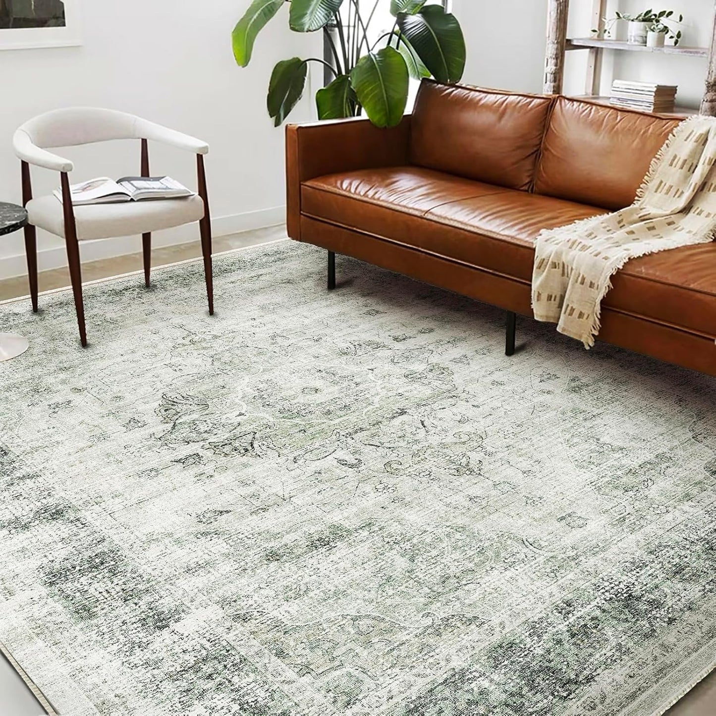 Washable Area Rug 8'x10' Floral Green Retro Boho Design Non-Shedding Non-Slip Easy Care Ideal for High Traffic Areas in Living Room Bedroom Office Coffee Table Kitchen Large Carpet