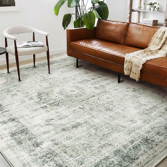 Washable Area Rug 8'x10' Floral Green Retro Boho Design Non-Shedding Non-Slip Easy Care Ideal for High Traffic Areas in Living Room Bedroom Office Coffee Table Kitchen Large Carpet