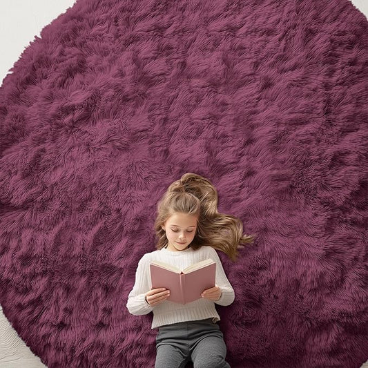 OLANLY Burgundy Round Rugs for Bedroom - Machine Washable, 9 ft Circle Area Rugs for Living Room, Soft and Fluffy Shaggy Carpet for Teen Girls and Boys, Nursery Rooms, Dorms, Home Decor Aesthetic