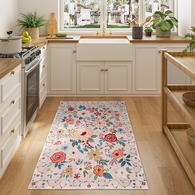 DUKINO 3x4 Area Rug, Lightweight Non Slip Washable Floral Rug, Indoor Low Pile & Non-Shedding Boho Design Carpets for Bedroom, Kitchen, Dining Room, Beige
