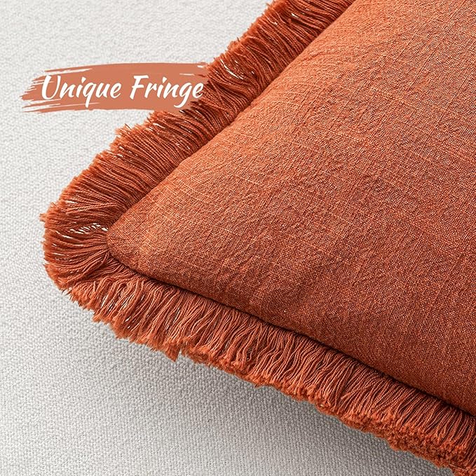 MIULEE Fall Decorative Throw Pillow Covers Neutral Linen Fringe Throw Pillows Set of 2 Burnt Orange Boho Farmhouse Cushion Covers with Tassels for Couch Sofa Bed Living Room Home Decor 26x26 Inch