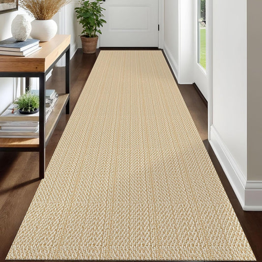 IOHOUZE Washable Runner Rug 3x12 Non Slip Rubber Backed Extra Long Hallway Runner Entryway Runner Indoor, Kitchen Rugs Woven Cotton Carpet for Hall Entrance Stair, Warm Beige/Orange/Apricot