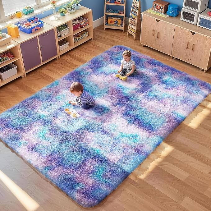 Ophanie Rainbow Purple Mermaid Rugs for Living Room 5x8, Fluffy Shag Fuzzy Plush Soft Carpets, Floor Shaggy Area Rugs for Bedroom, Carpet for Kids Girls Dorm Nursery Home Decor Aesthetic
