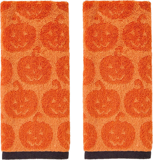 SKL Home Halloween Jack-O-Lantern 100% Cotton Jacquard 2pc Hand Towel Set, Reversible, Soft & Absorbent, Decorative for Bath/Kitchen/Bar & Gift, Orange