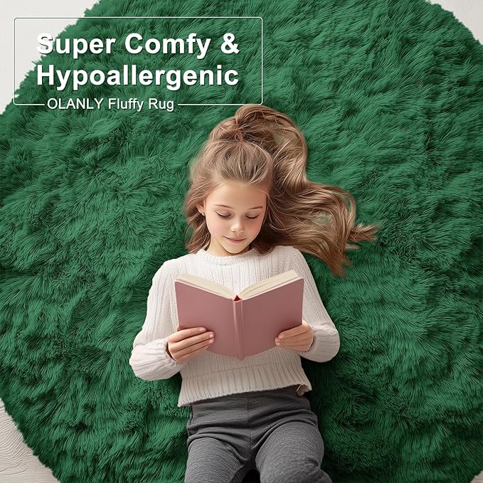 OLANLY Dark Green Round Rugs for Bedroom - Machine Washable, 5 ft Circle Area Rugs for Living Room, Soft and Fluffy Shaggy Carpet for Teen Girls and Boys, Nursery Rooms, Dorms, Home Decor Aesthetic