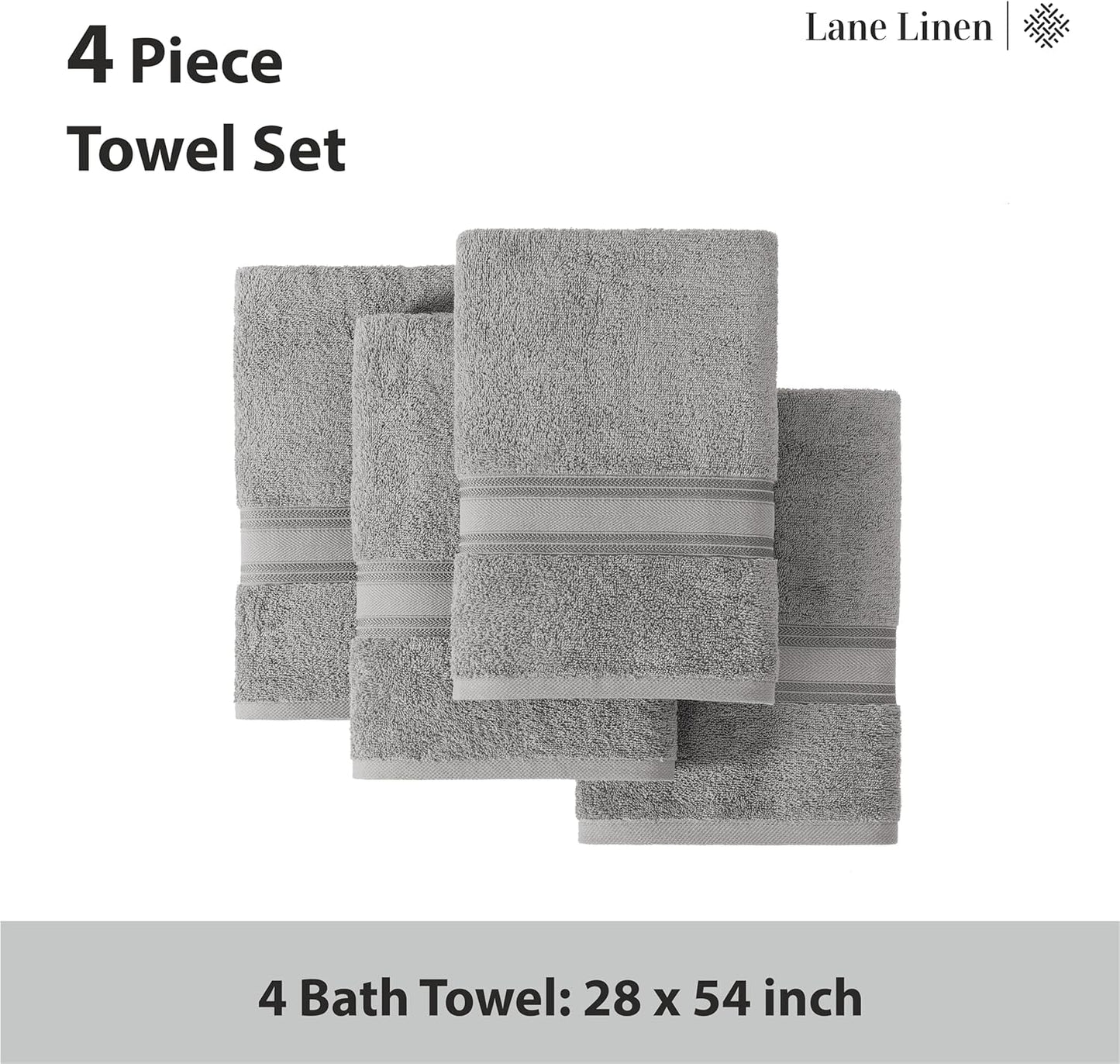 LANE LINEN 100% Cotton Bath Towels Set of 4 (28"x54") - Zero Twist, Mercerized Cotton Extra Large Bathroom Towel Sets - Quick Dry, Soft & Absorbent Grey Towels Set - Pre Shrunk, Fade Resistant - Grey