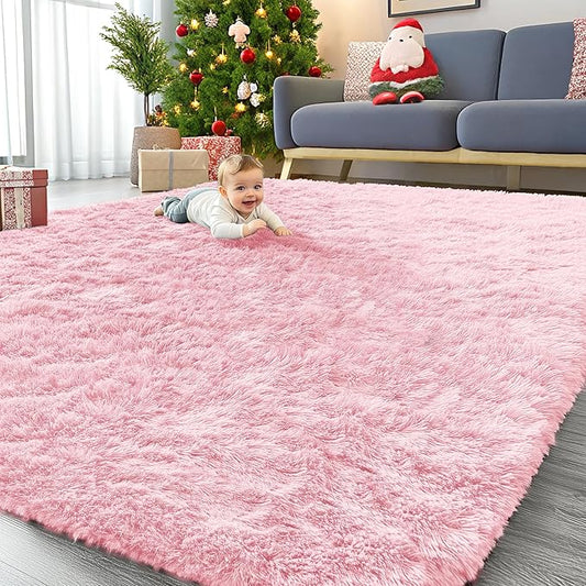 OLANLY 9x12 Machine Washable Large Area Rugs for Living Room, Bedroom, Soft Fluffy Shaggy Bedside Rug, Indoor Floor Carpet for Kids Girls and Boys, Dorms, Nursery, Home Decor Aesthetic, Pink