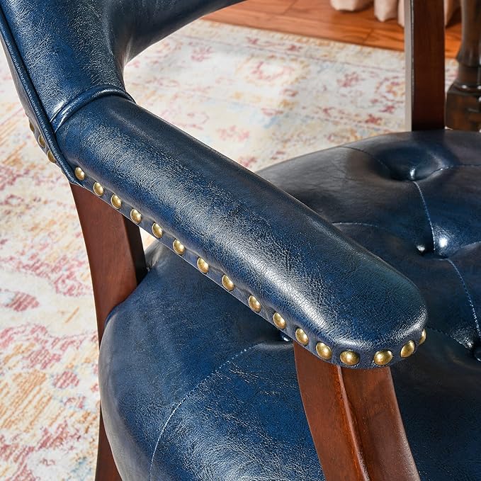 MODERION Dining Chairs with Wheels and Arm, Caster Boss Captain's Chairs with Solid Wood Leg, Office Desk Chairs with Button Upholstered, Classic Swivel Chair, 31.5”H Cherry Walnut Leg & Blue SY1533LB