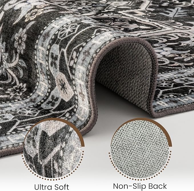 Washable Runner Rug 2x6 | Non Slip Rug Runners for Hallways, Entryways, Kitchens, Bathrooms, Bedrooms | Ultra-Soft Flannel Carpet Runners with Rubber Backing (Charcoal, 2x6)