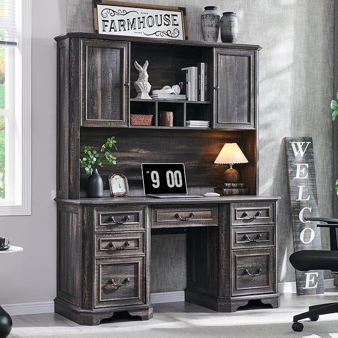 T4TREAM 59" Farmhouse Wood Desk Hutch with Ample Storage, Only Match VSC Series Farmhouse Desk (Dark Rustic Oak)